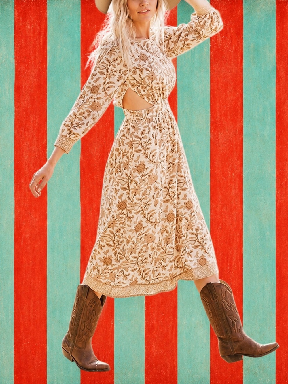 Cleobella Cream and Tan Floral Cutout Midi Dress
